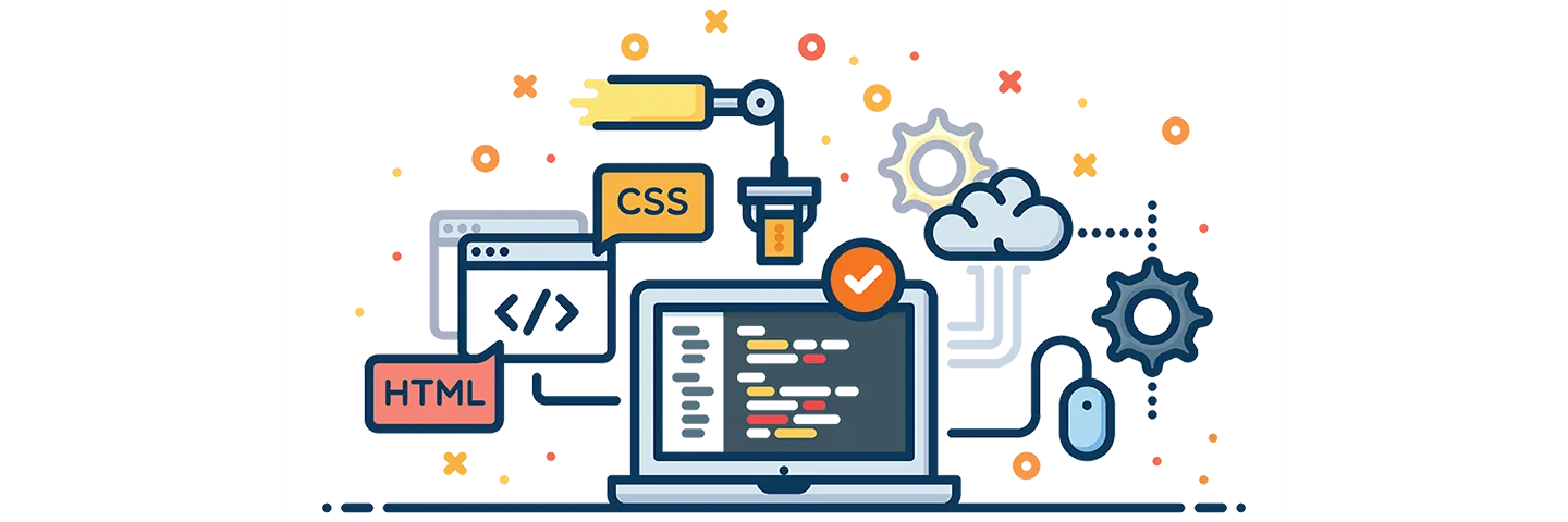 WORDPRESS-blog-post-min1 Cartoon illustration of computer with cloud, gear icons and html code