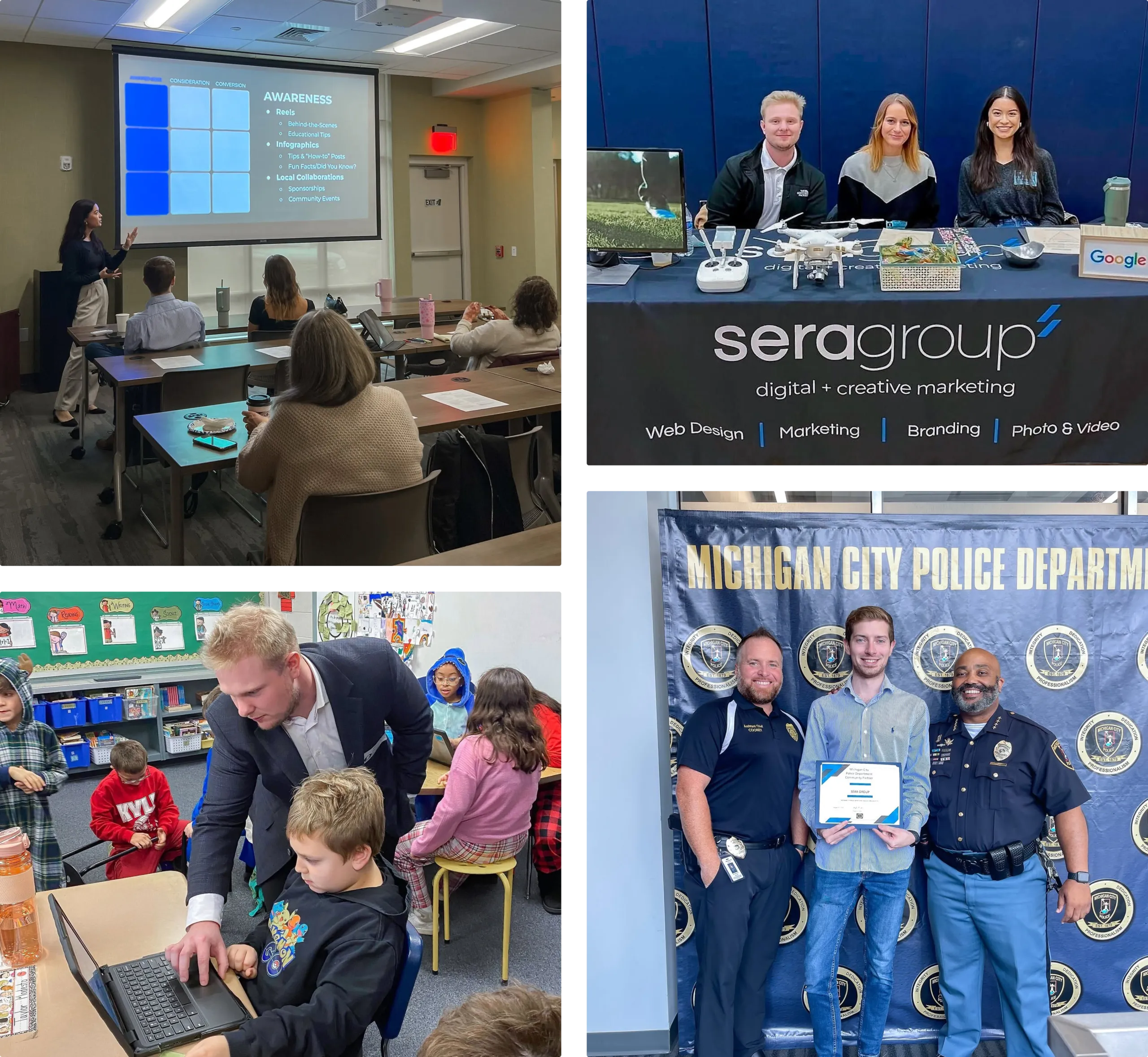 Group 22 Sera Group team presenting to a classroom, staffing a career fair booth, working with elementary students, and at a Michigan City Police Department event