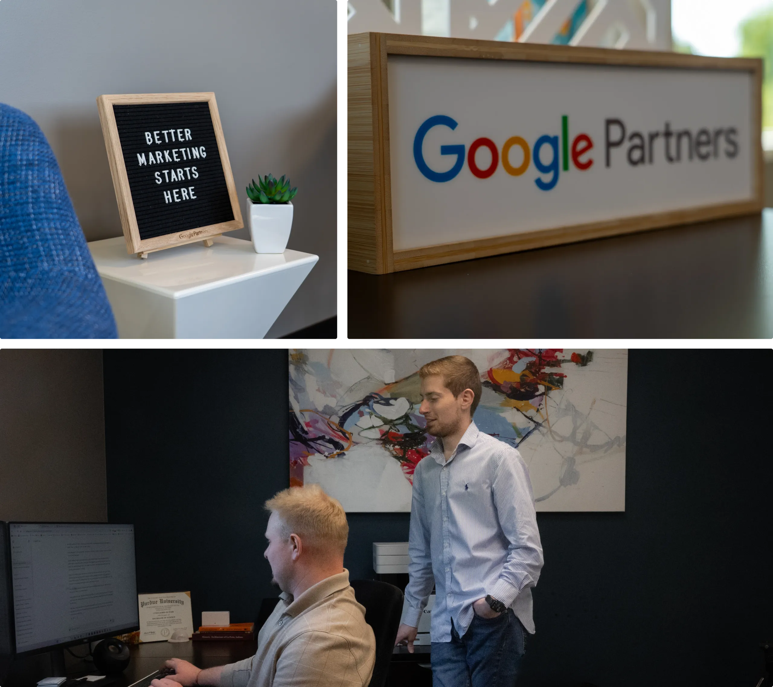 Group 491 Sera Group office in La Porte with a Google Partners sign and two team members reviewing work at a desk