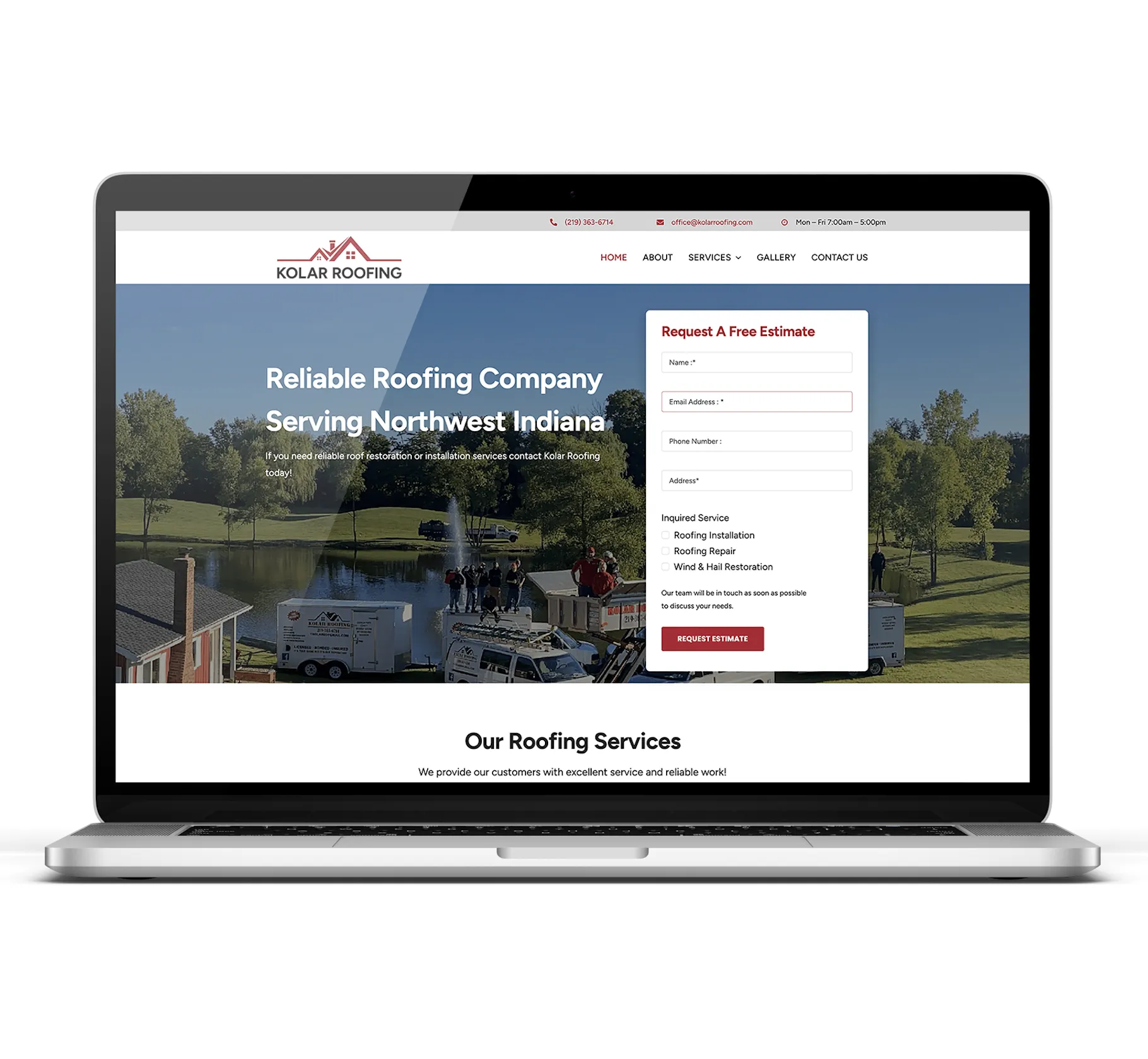Laptop mockup of the Kolar Roofing website homepage Laptop mockup of the Kolar Roofing website homepage