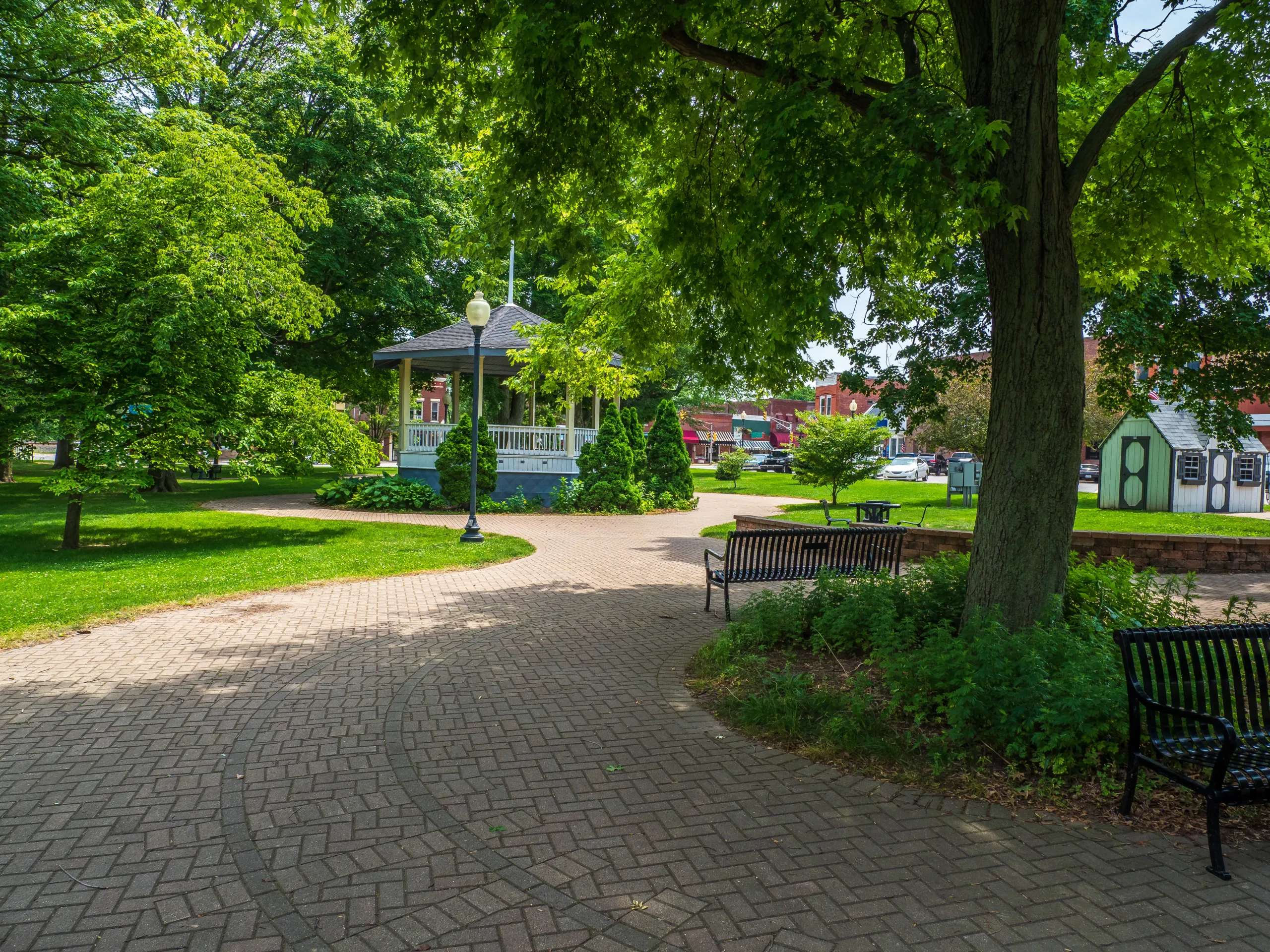 Downtown Chesterton Indiana Gazebo and brick walkway in a park in downtown Chesterton, Indiana