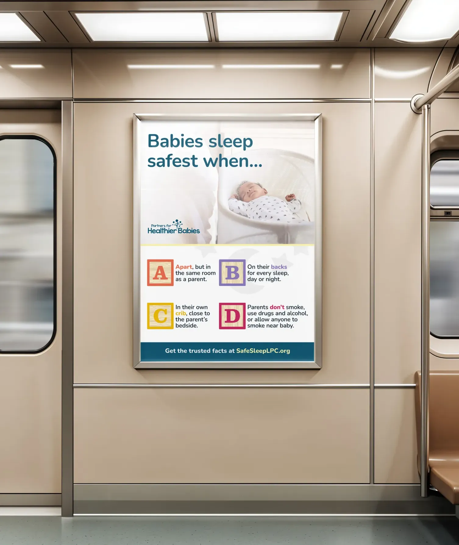 English Bus Poster Safe Sleep LPC bus poster in English for La Porte County families