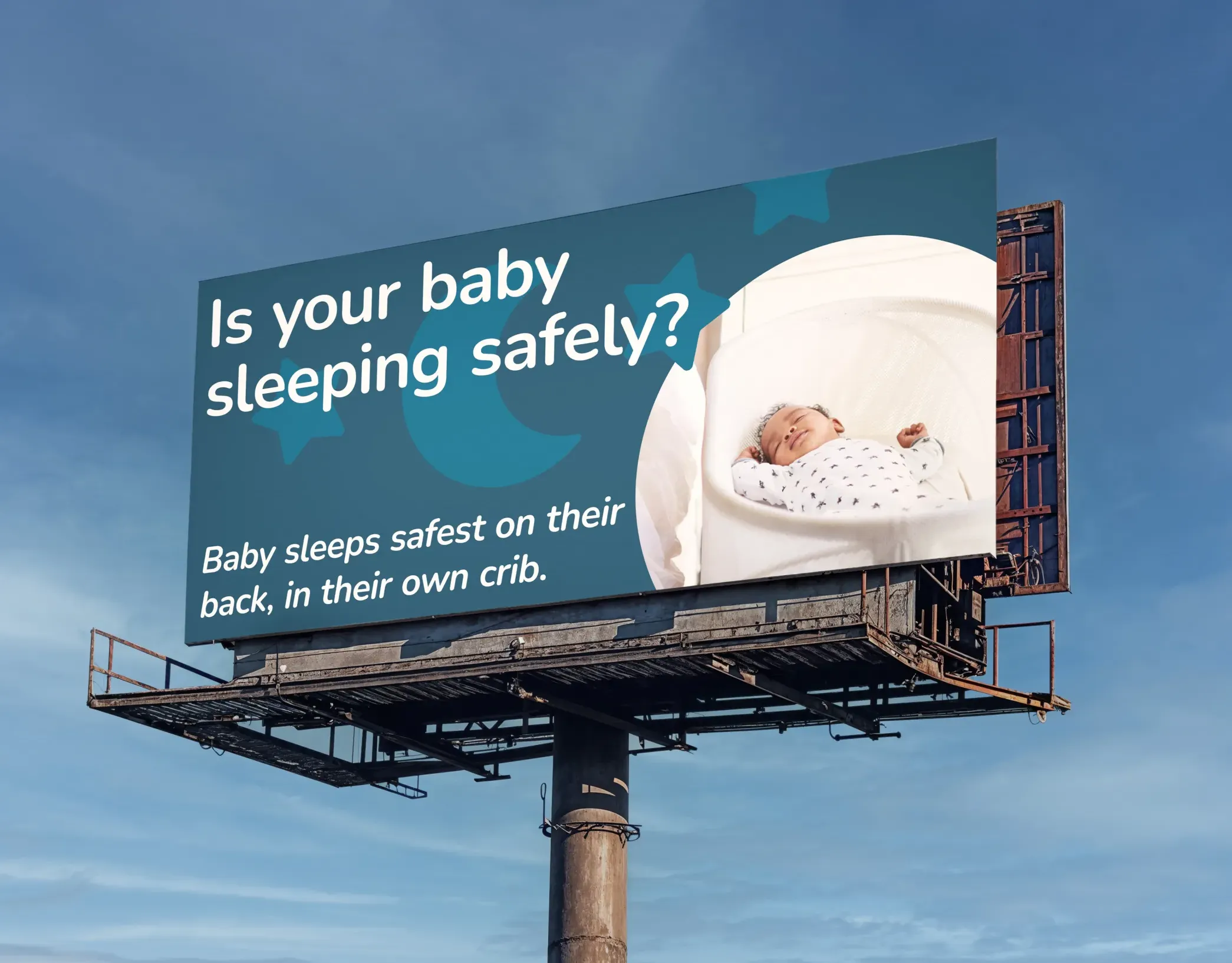 Is your baby sleeping safely_ Safe Sleep LPC billboard asking "Is your baby sleeping safely?" designed by Sera Group