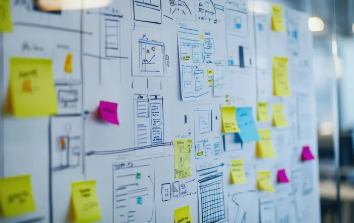 A whiteboard covered in sticky notes and hand-drawn website mockups showcasing a collaborative design process.